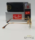 Lunettes de soleil octogonales Ray-Ban RB1972 avec monture fine en métal doré, verres verts et manchons écaillés, présentées avec leur étui noir - Optical Gallery.