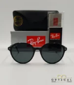 Lunettes de soleil Ray-Ban Thalia RB2195 avec monture en acétate noir brillant et verres teintés foncés, présentées avec leur étui noir et le logo Optical Gallery.