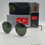 Lunettes de soleil Ray-Ban Round Metal RB3447 monture métallique noir de jais (gunmetal) avec verres verts G-15, étui et boîte d'origine.