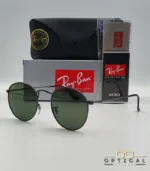 Lunettes de soleil Ray-Ban Round Metal RB3447 monture métallique noir de jais (gunmetal) avec verres verts G-15, étui et boîte d'origine.