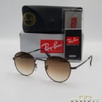 Lunettes de soleil Ray-Ban Round Metal RB3447 monture métallique marron brillant avec verres dégradés marrons, étui et boîte d'origine.