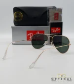 Lunettes de soleil Ray-Ban Aviator RB3025 monture métallique dorée avec verres verts G-15, étui et boîte d'origine.