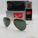 Lunettes de soleil Ray-Ban Aviator RB3025 monture métallique dorée avec verres verts G-15, étui et boîte d'origine.