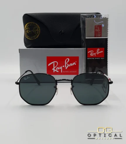 Lunettes de soleil Ray-Ban Hexagonal Flat Lenses RB3548N monture métallique noire mate avec verres minéraux noirs, étui et boîte d'origine.