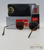 Lunettes de soleil Ray-Ban Hexagonal Flat Lenses RB3548N monture métallique dorée avec verres minéraux marrons classiques, étui et boîte d'origine.