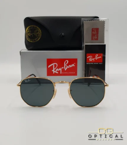 Lunettes de soleil Ray-Ban Aviator RB3025 monture métallique dorée avec verres dégradés bleus, étui et boîte d'origine.
