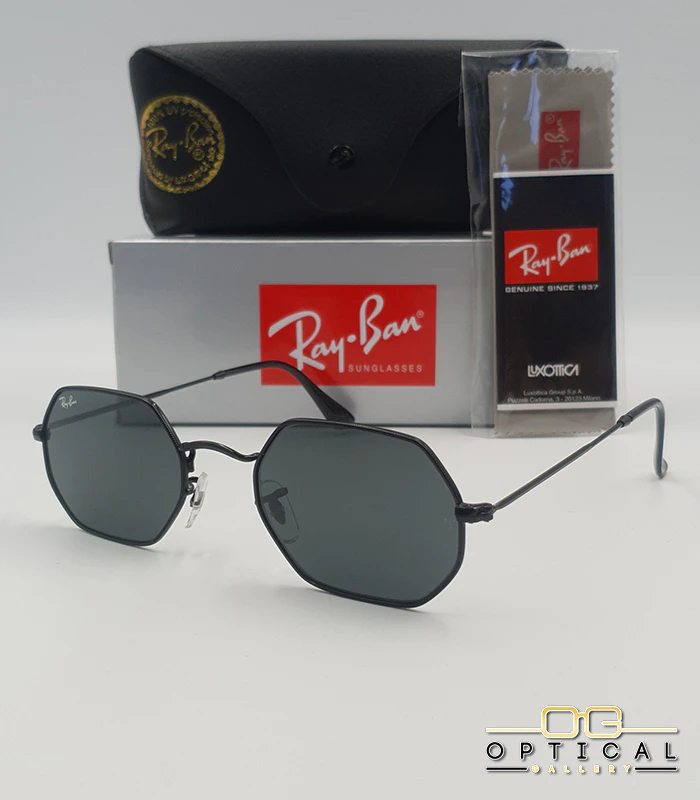 lunettes-de-soleil-ray-ban-octagonal-rb3556-noir-total Lunettes de soleil Ray-Ban Octagonal RB3556 noires avec verres noirs, étui rigide, boîte grise et livret Luxottica.