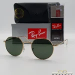 Lunettes de soleil Ray-Ban Jack RB3565 dorées avec verres verts G-15, étui noir, boîte grise et livret de garantie chez Optical Gallery.