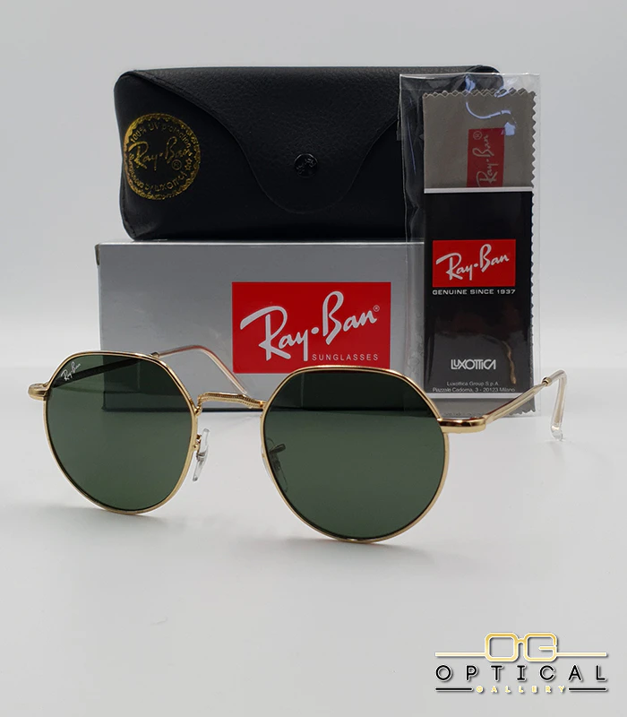 lunettes-de-soleil-ray-ban-jack-rb3565-or-vert-g15-optical-gallery Lunettes de soleil Ray-Ban Jack RB3565 dorées avec verres verts G-15, étui noir, boîte grise et livret de garantie chez Optical Gallery.