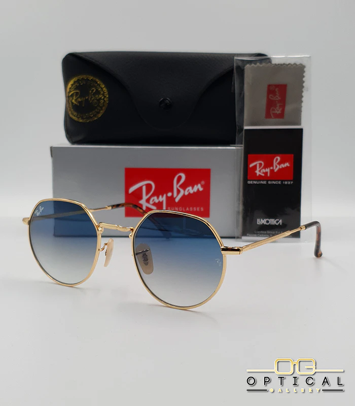 lunettes-de-soleil-ray-ban-jack-rb3565-or-bleu-degrade-optical-gallery Lunettes de soleil Ray-Ban Jack RB3565 dorées avec verres dégradés bleus, étui noir, boîte grise et livret de garantie chez Optical Gallery.