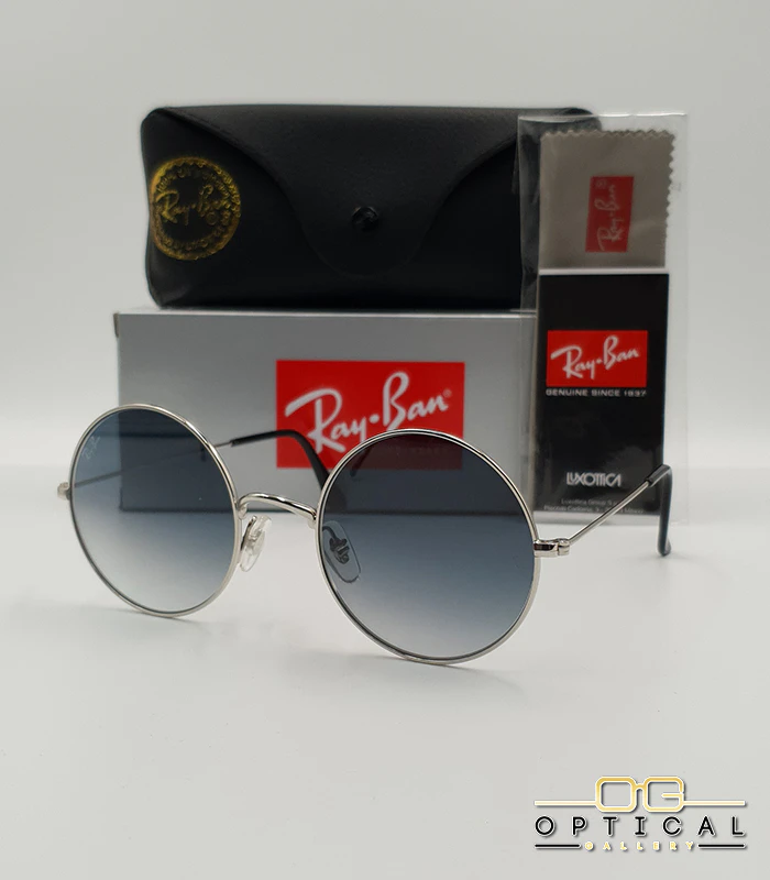 lunettes-de-soleil-ray-ban-jaio-rb3592-argent-bleu-degrade-optical-gallery Lunettes de soleil Ray-Ban Jaio RB3592 argentées à grands verres ronds dégradés bleus gris, étui noir, boîte grise et livret de garantie chez Optical Gallery.