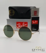 Lunettes de soleil Ray-Ban Jaio RB3592 dorées à grands verres ronds verts G-15, étui noir, boîte grise et livret de garantie chez Optical Gallery.