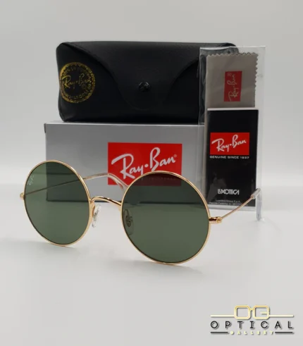 Lunettes de soleil Ray-Ban Jaio RB3592 dorées à grands verres ronds verts G-15, étui noir, boîte grise et livret de garantie chez Optical Gallery.
