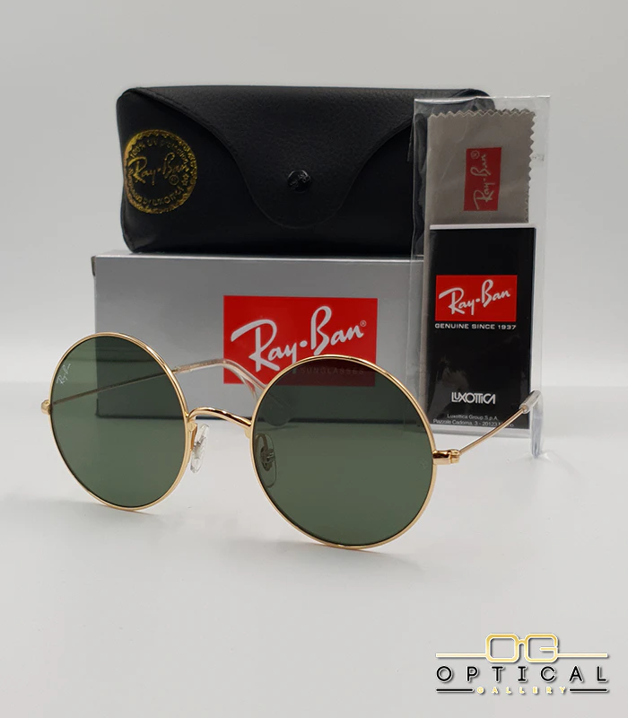 lunettes-de-soleil-ray-ban-jaio-rb3592-or-vert-g15-optical-gallery Lunettes de soleil Ray-Ban Jaio RB3592 dorées à grands verres ronds verts G-15, étui noir, boîte grise et livret de garantie chez Optical Gallery.