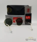 Lunettes de soleil Ray-Ban Jaio RB3592 dorées à grands verres ronds verts G-15, étui noir, boîte grise et livret de garantie chez Optical Gallery.