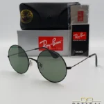 Lunettes de soleil Ray-Ban Jaio RB3592 noires à grands verres ronds verts G-15, étui noir, boîte grise et livret de garantie chez Optical Gallery.