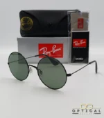 Lunettes de soleil Ray-Ban Jaio RB3592 noires à grands verres ronds verts G-15, étui noir, boîte grise et livret de garantie chez Optical Gallery.