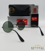 Lunettes de soleil Ray-Ban Jaio RB3592 noires à grands verres ronds verts G-15, étui noir, boîte grise et livret de garantie chez Optical Gallery.