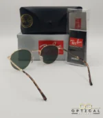 Lunettes de soleil Ray-Ban New Round RB3637 dorées avec verres verts G-15, étui noir, boîte grise et livret de garantie chez Optical Gallery.