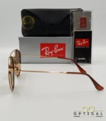 Lunettes de soleil Ray-Ban Round Double Bridge RB3647N dorées avec cerclages en acétate marron et verres marrons B-15, étui noir, boîte grise et livret de garantie chez Optical Gallery.