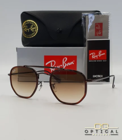 Lunettes de soleil Ray-Ban Marshal II RB3648M marrons avec cerclages en acétate marron et verres dégradés marrons, étui noir, boîte grise et livret de garantie chez Optical Gallery.