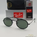 Lunettes de soleil Ray-Ban Round Double Bridge RB3847N noires avec cerclages en acétate noir et verres verts G-15, étui noir, boîte grise et livret de garantie chez Optical Gallery.