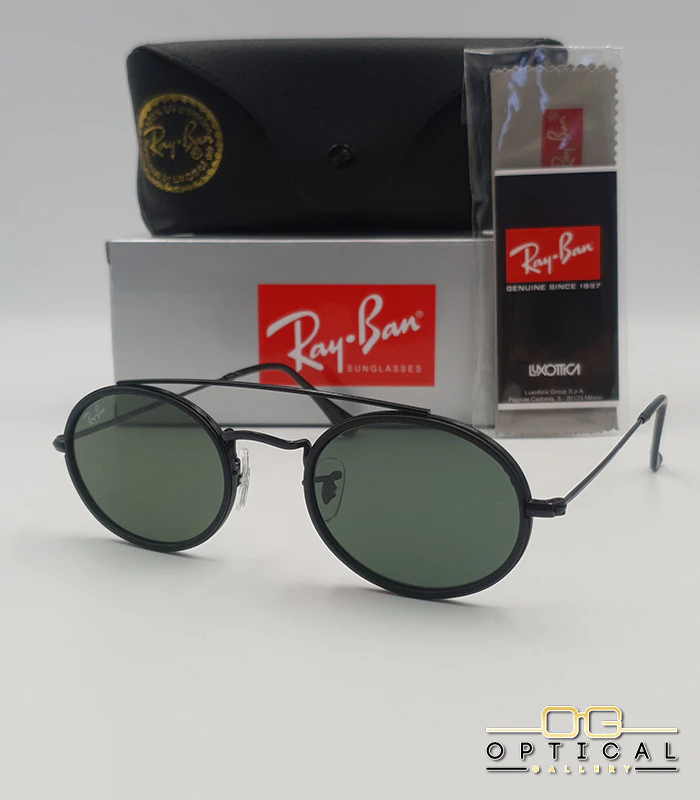 lunettes-de-soleil-ray-ban-round-double-bridge-rb3847n-noir-vert-g15-optical-gallery Lunettes de soleil Ray-Ban Round Double Bridge RB3847N noires avec cerclages en acétate noir et verres verts G-15, étui noir, boîte grise et livret de garantie chez Optical Gallery.