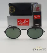 Lunettes de soleil Ray-Ban Round Double Bridge RB3847N noires avec cerclages en acétate noir et verres verts G-15, étui noir, boîte grise et livret de garantie chez Optical Gallery.