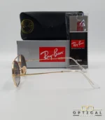 Lunettes de soleil Ray-Ban Round Double Bridge RB3847N dorées avec cerclages en acétate transparent et verres dégradés bleus gris, étui noir, boîte grise et livret de garantie chez Optical Gallery.
