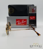 Lunettes de soleil Ray-Ban Round Double Bridge RB3847N dorées avec cerclages en acétate écaille de tortue et verres verts G-15, étui noir, boîte grise et livret de garantie chez Optical Gallery.